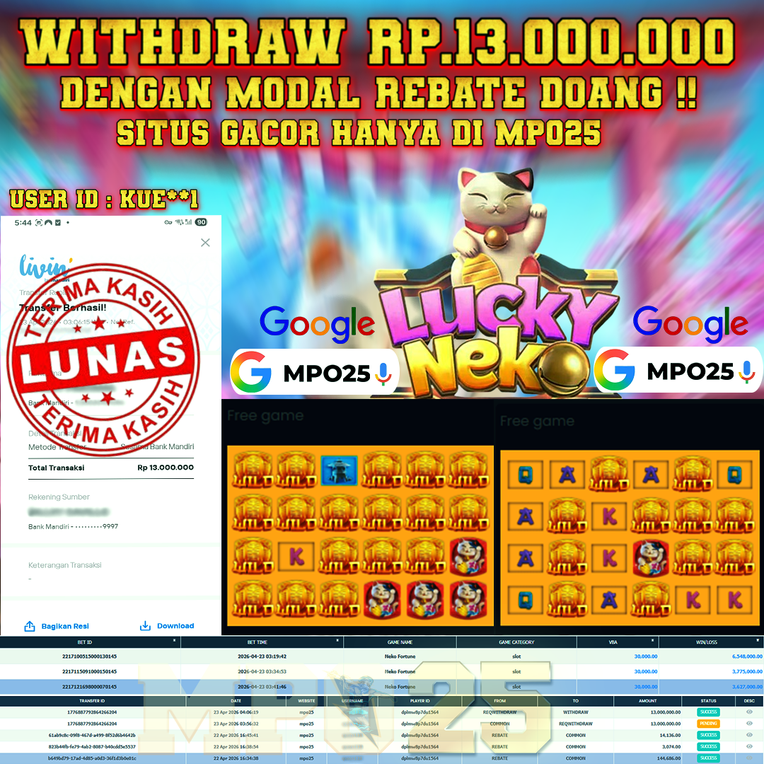 MPO25 BERMAIN NEKO FORTUNE DAPAT JACKPOT WD Rp.13,000,000- DI BAYAR TUNTAS